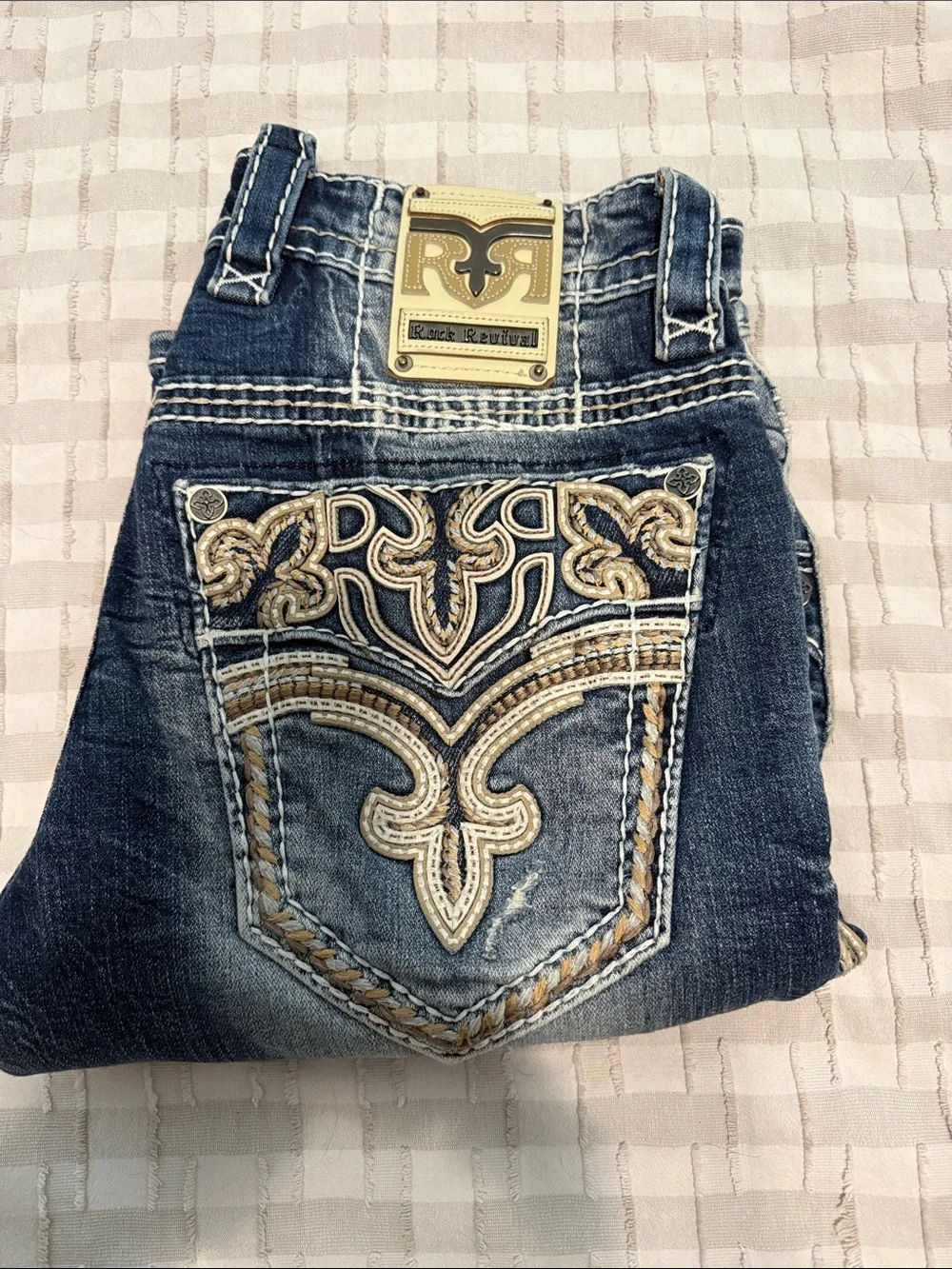 Rock Revival Dark Blue Denim Jeans with Gold Embroidered Pocket